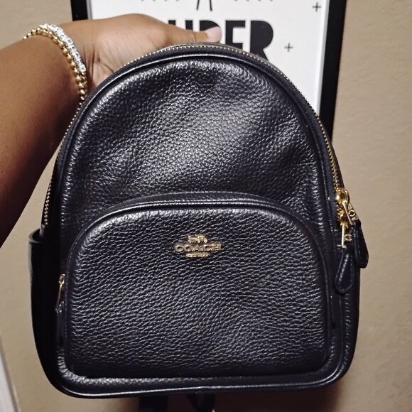 COACH Solid Black Leather Mini Backpack Gold Hardware - Compact & Sleek - Picture 1 of 9
